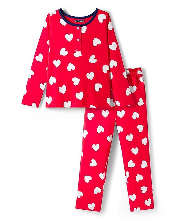 Pine Kids Cotton Knit Full Sleeves Night Suit With Heart Print - Red
