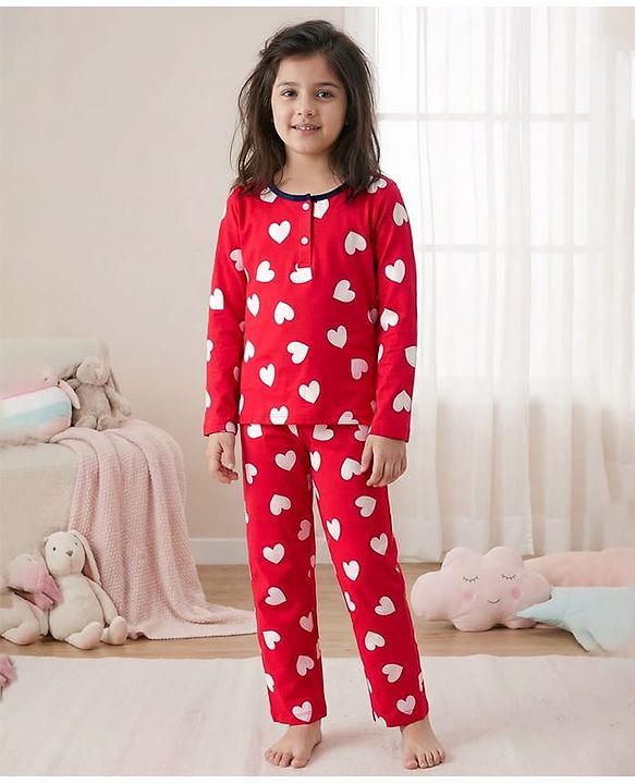 Pine Kids Cotton Knit Full Sleeves Night Suit With Heart Print - Red