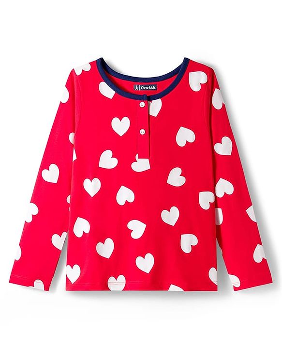 Pine Kids Cotton Knit Full Sleeves Night Suit With Heart Print - Red