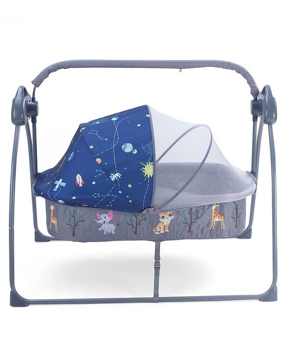 Babyhug Automatic Baby Swing Cradle With Remote Controller- Dark Grey| 5 Swing Speed| Quilted Bassinet| Works on Battery & Adapter| Pre-set Off Timer| In-built Music| Canopy Style Mosquito Net