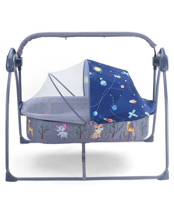 Babyhug Automatic Baby Swing Cradle With Remote Controller- Dark Grey| 5 Swing Speed| Quilted Bassinet| Works on Battery & Adapter| Pre-set Off Timer| In-built Music| Canopy Style Mosquito Net