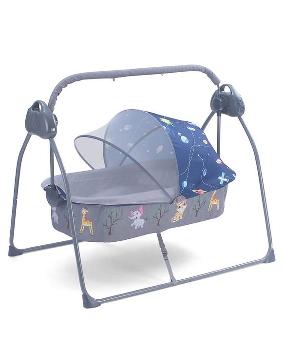 Babyhug Automatic Baby Swing Cradle With Remote Controller- Dark Grey| 5 Swing Speed| Quilted Bassinet| Works on Battery & Adapter| Pre-set Off Timer| In-built Music| Canopy Style Mosquito Net