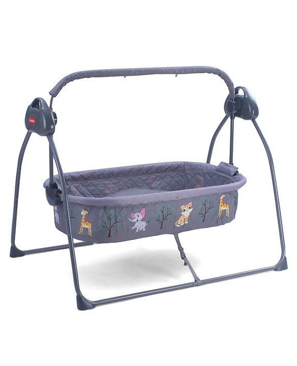 Babyhug Automatic Baby Swing Cradle With Remote Controller- Dark Grey| 5 Swing Speed| Quilted Bassinet| Works on Battery & Adapter| Pre-set Off Timer| In-built Music| Canopy Style Mosquito Net