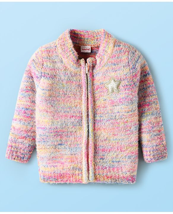 Babyhug Knitted Full Sleeves Front Open Sweater With Star Patch - Pink