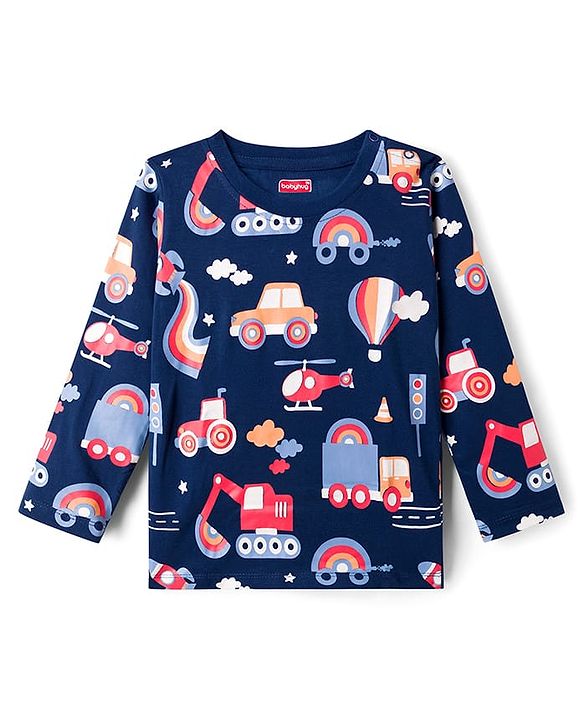 Babyhug 100% Cotton Knit Full Sleeves T-Shirts With Vehicle Print Pack of 3 - Red Navy Blue & Light Blue