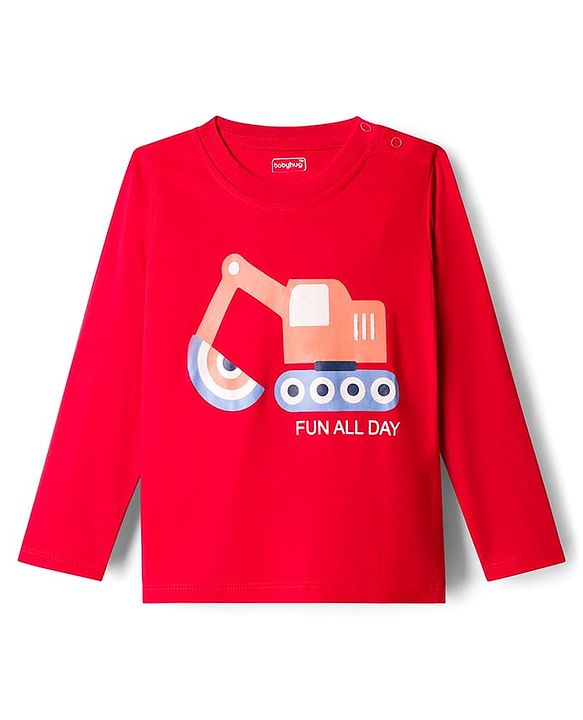 Babyhug 100% Cotton Knit Full Sleeves T-Shirts With Vehicle Print Pack of 3 - Red Navy Blue & Light Blue