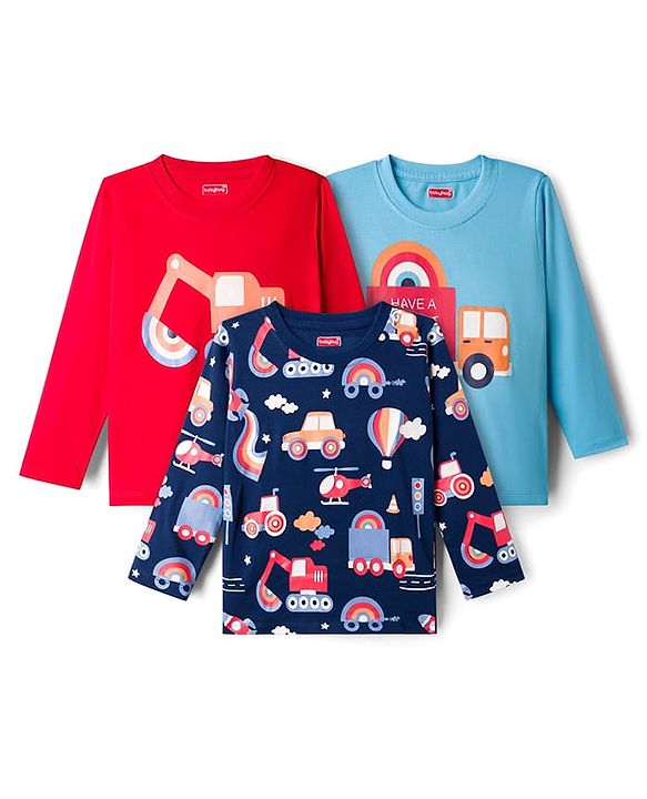 Babyhug 100% Cotton Knit Full Sleeves T-Shirts With Vehicle Print Pack of 3 - Red Navy Blue & Light Blue
