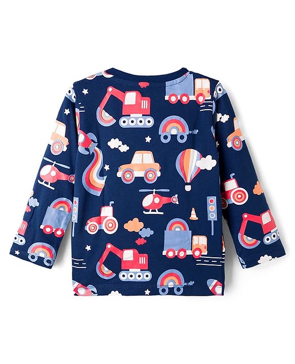 Babyhug 100% Cotton Knit Full Sleeves T-Shirts With Vehicle Print Pack of 3 - Red Navy Blue & Light Blue