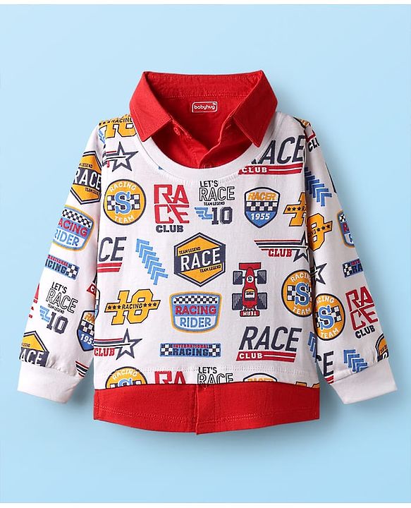 Babyhug 100% Cotton Knit Full Sleeves T-Shirts with Race Theme Text Print - Red & White