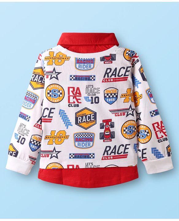 Babyhug 100% Cotton Knit Full Sleeves T-Shirts with Race Theme Text Print - Red & White