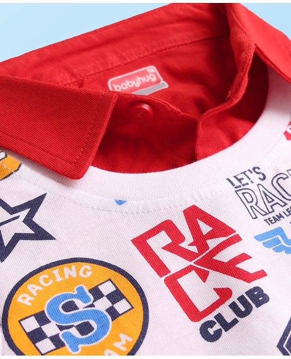 Babyhug 100% Cotton Knit Full Sleeves T-Shirts with Race Theme Text Print - Red & White