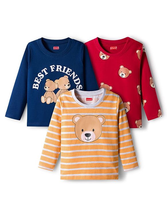 Babyhug 100% Cotton Knit Full Sleeves T-Shirts with Stripes & Teddy Print Pack of 3 - Yellow Red & Navy Blue