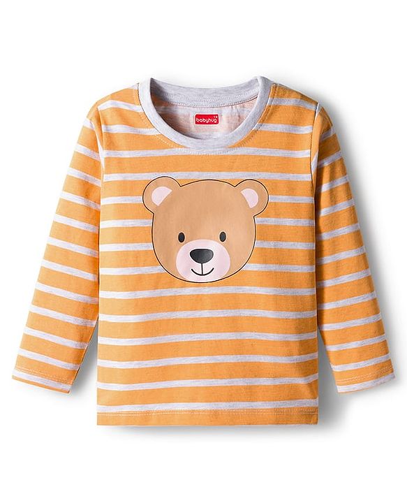 Babyhug 100% Cotton Knit Full Sleeves T-Shirts with Stripes & Teddy Print Pack of 3 - Yellow Red & Navy Blue