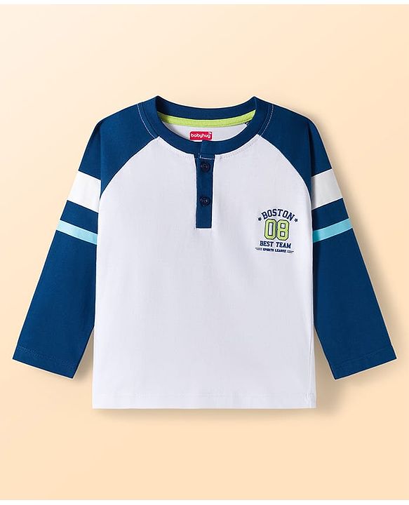 Babyhug 100% Cotton Knit Full Raglan Sleeves Henley Neck T-Shirts with Stripes &  Brooklyn Print Pack of 3 - Light Blue &  Navy Blue