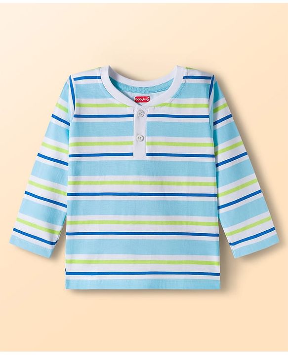 Babyhug 100% Cotton Knit Full Raglan Sleeves Henley Neck T-Shirts with Stripes &  Brooklyn Print Pack of 3 - Light Blue &  Navy Blue