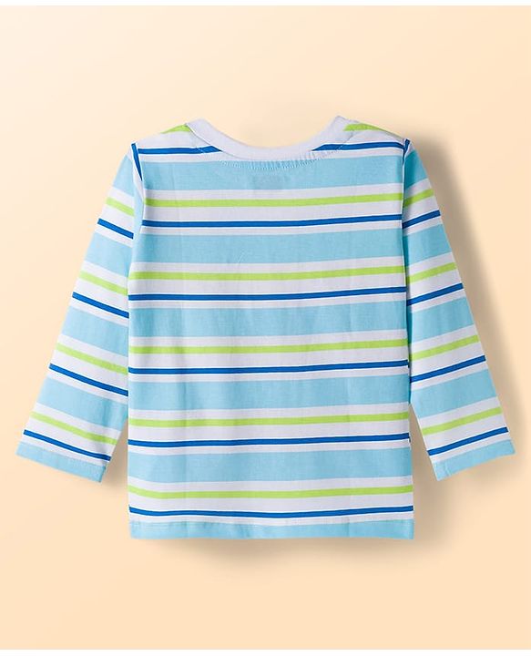 Babyhug 100% Cotton Knit Full Raglan Sleeves Henley Neck T-Shirts with Stripes &  Brooklyn Print Pack of 3 - Light Blue &  Navy Blue