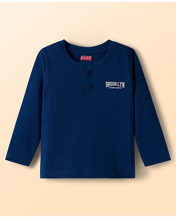 Babyhug 100% Cotton Knit Full Raglan Sleeves Henley Neck T-Shirts with Stripes &  Brooklyn Print Pack of 3 - Light Blue &  Navy Blue