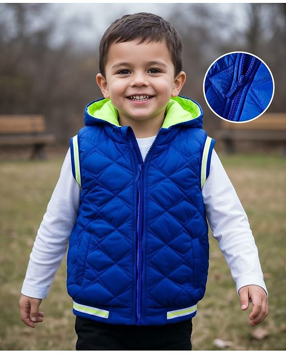 Babyhug Woven Sleeveless Hooded Quilted Winter Jacket - Royal Blue