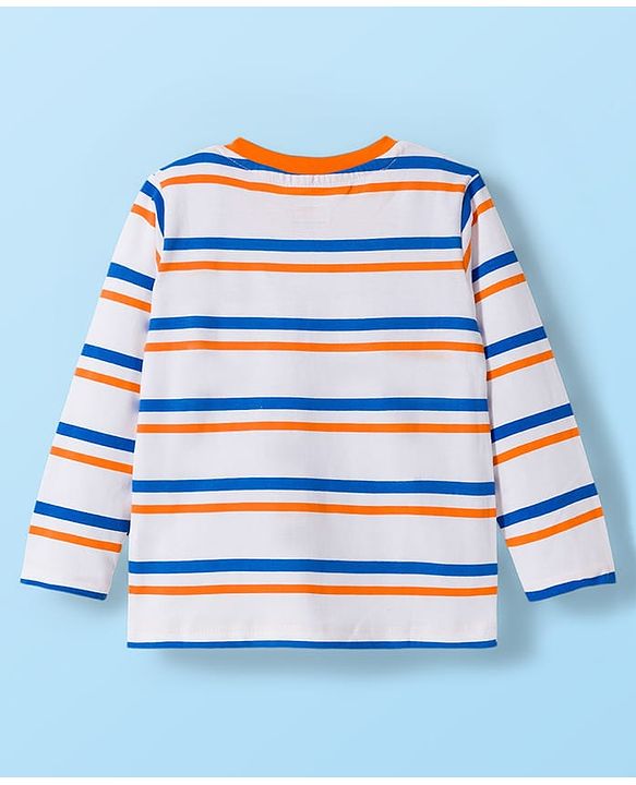Babyhug 100% Cotton Knit Full Sleeves T-Shirt with Stripes & Pocket Pack of 3 - Blue White & Orange