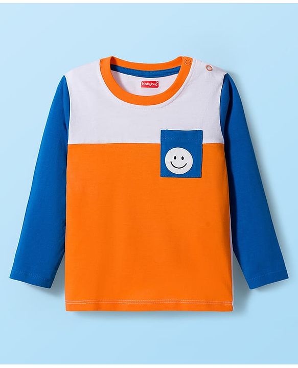 Babyhug 100% Cotton Knit Full Sleeves T-Shirt with Stripes & Pocket Pack of 3 - Blue White & Orange