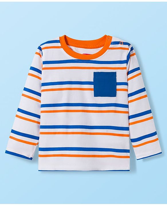 Babyhug 100% Cotton Knit Full Sleeves T-Shirt with Stripes & Pocket Pack of 3 - Blue White & Orange