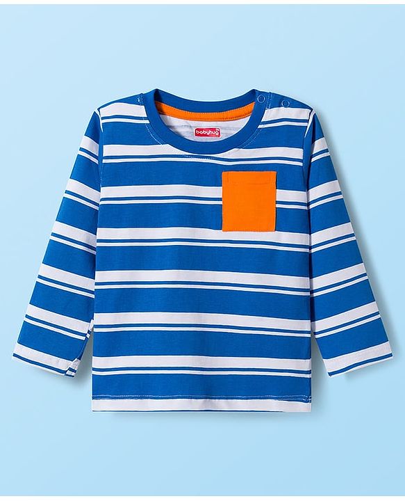 Babyhug 100% Cotton Knit Full Sleeves T-Shirt with Stripes & Pocket Pack of 3 - Blue White & Orange