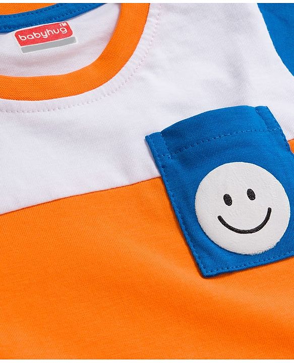 Babyhug 100% Cotton Knit Full Sleeves T-Shirt with Stripes & Pocket Pack of 3 - Blue White & Orange