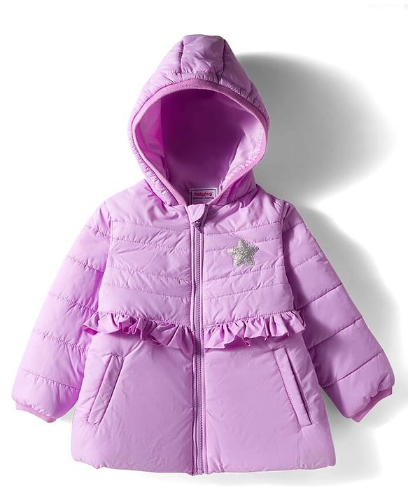 Babyhug Woven Full Sleeves A Line Frilled Hooded Padded Jacket With Star Patch - Purple