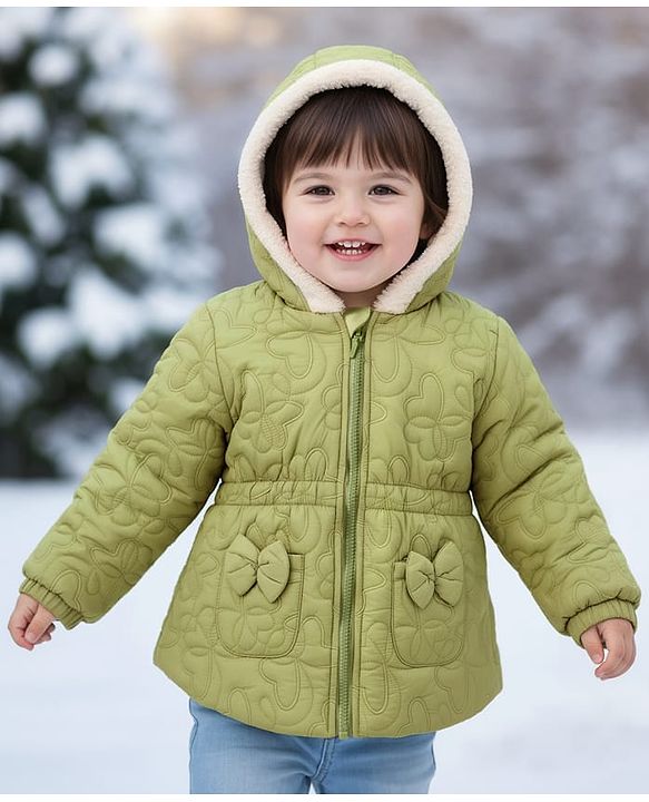 Babyhug Woven Full Sleeves Hooded Quilted Jacket with Bow Applique & Embroidery - Light Green