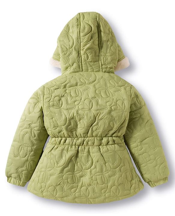 Babyhug Woven Full Sleeves Hooded Quilted Jacket with Bow Applique & Embroidery - Light Green