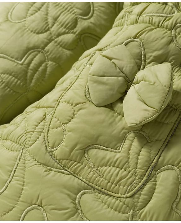 Babyhug Woven Full Sleeves Hooded Quilted Jacket with Bow Applique & Embroidery - Light Green