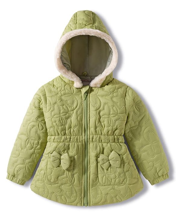 Babyhug Woven Full Sleeves Hooded Quilted Jacket with Bow Applique & Embroidery - Light Green