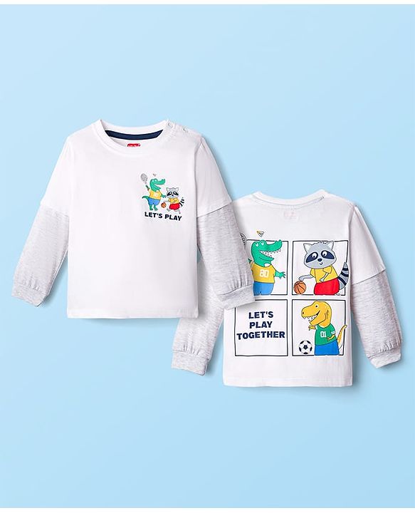 Babyhug 100% Cotton Knit Doctor Sleeves T-Shirt with Crocodile & Racoon Print on Front & Back - White