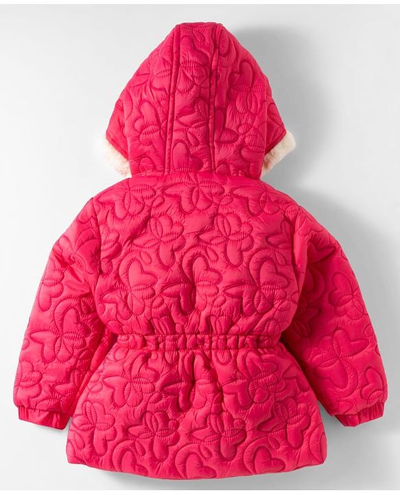 Babyhug Woven Full Sleeves Hooded Quilted Jacket with Bow Applique & Embroidery - Light Green