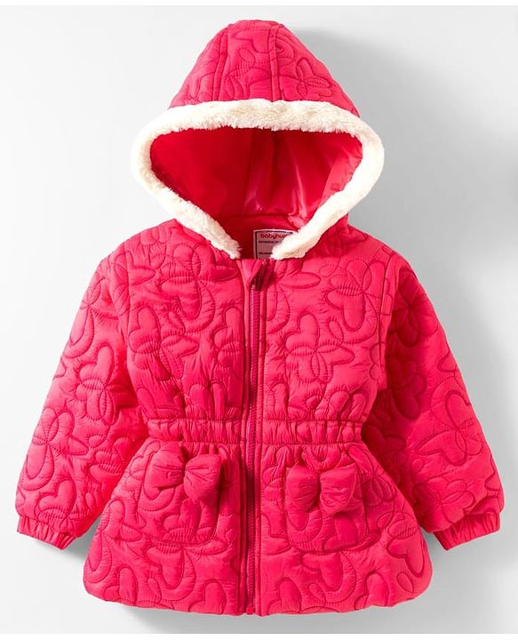 Babyhug Woven Full Sleeves Hooded Quilted Jacket with Bow Applique & Embroidery - Light Green