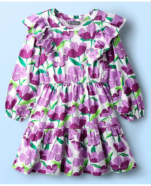 Pine Kids Cotton Knit Full Sleeves Frocks With Frill Detailing & Floral Print - Multicolour