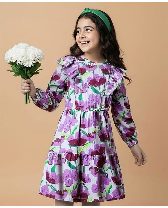 Pine Kids Cotton Knit Full Sleeves Frocks With Frill Detailing & Floral Print - Multicolour