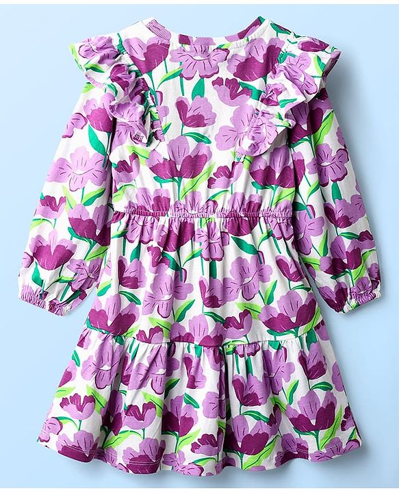 Pine Kids Cotton Knit Full Sleeves Frocks With Frill Detailing & Floral Print - Multicolour