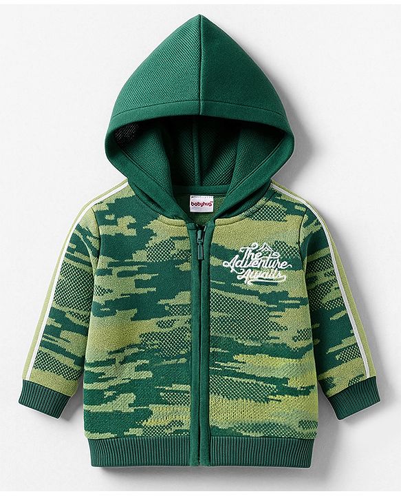 Babyhug Knitted Full Sleeves Hooded Front Open Sweater With Camouflage Design - Green