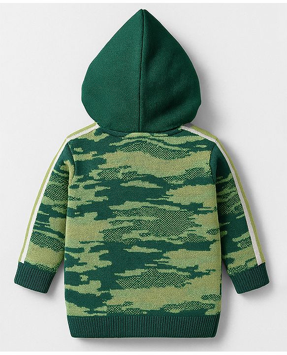 Babyhug Knitted Full Sleeves Hooded Front Open Sweater With Camouflage Design - Green