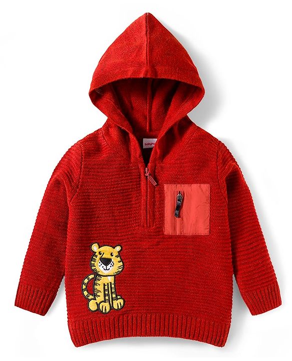 Babyhug Knitted Full Sleeves Hooded Pullover Sweater With Tiger Embroidery - Rust Orange