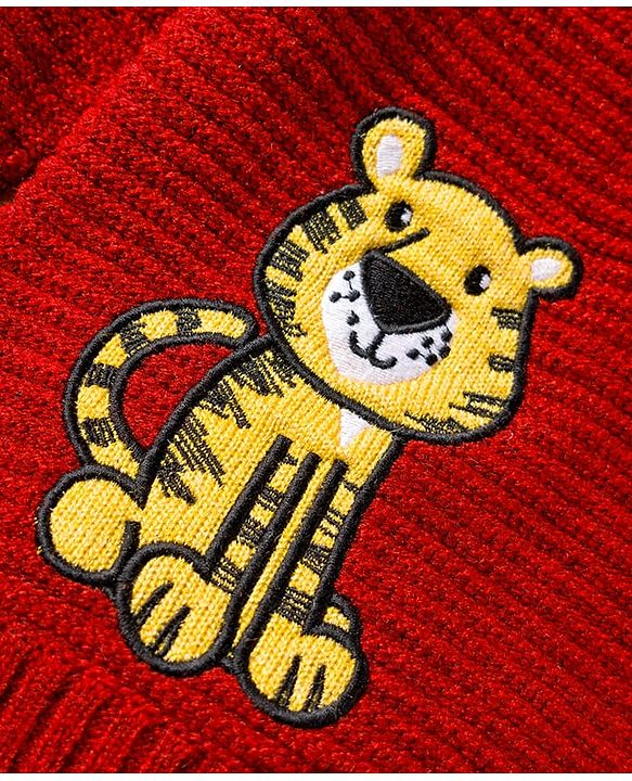 Babyhug Knitted Full Sleeves Hooded Pullover Sweater With Tiger Embroidery - Rust Orange