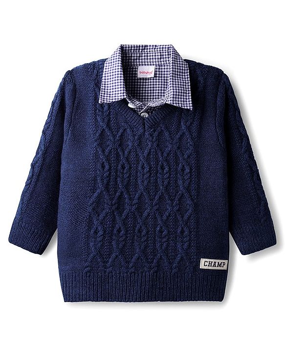 Babyhug Knitted Full Sleeves Collar Neck Pullover Sweater With Cable Knit Design - Navy Blue
