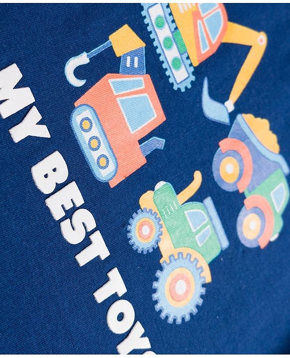 Babyhug 100% Cotton Knit Full Doctor Sleeves T-Shirt with Vehicle Print - Navy Blue