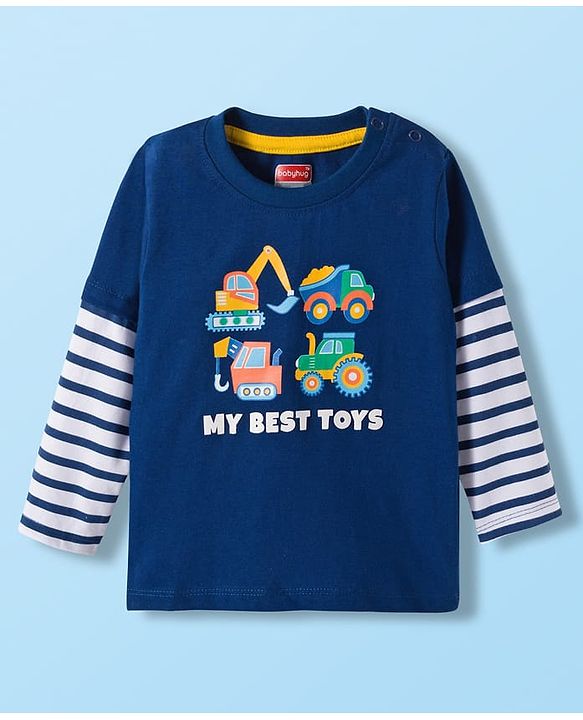 Babyhug 100% Cotton Knit Full Doctor Sleeves T-Shirt with Vehicle Print - Navy Blue