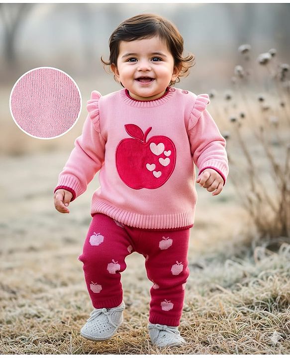 Babyhug Knit Full Sleeves Pullover Sweater Set with Apple Design & Patch Detailing - Pink