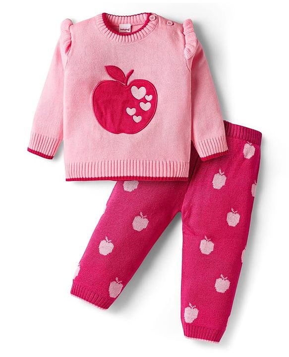 Babyhug Knit Full Sleeves Pullover Sweater Set with Apple Design & Patch Detailing - Pink