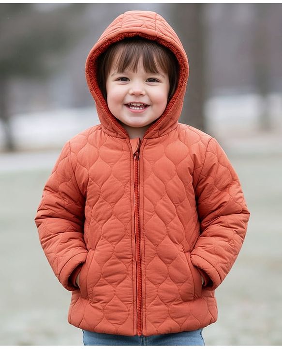 Babyhug Woven Full Sleeves Solid Hooded Quilted Jacket - Rust Orange