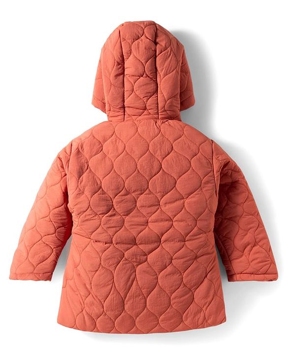 Babyhug Woven Full Sleeves Solid Hooded Quilted Jacket - Rust Orange