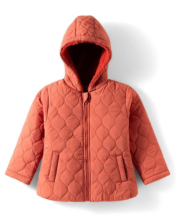 Babyhug Woven Full Sleeves Solid Hooded Quilted Jacket - Rust Orange